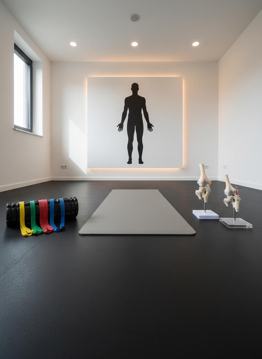 A pristine exercise space in a medical fitness facility, centered on a high-quality, neutral-gray yoga mat aligned precisely on a matte rubber floor. Around it, neatly organized evidence-based training tools such as color-coded resistance bands, a textured foam roller, and a pair of anatomically realistic joint models of the hip and ankle. In the background, a large, wall-mounted, text-free posture chart silhouette introduces context for movement assessment. Warm but soft overhead lighting blends with indirect daylight from a side window, producing gentle highlights and clean, soft shadows. Photographic realism, wide-angle lens at eye level, with a balanced, uncluttered composition that feels calm, professional, and optimized for therapeutic exercise instruction.