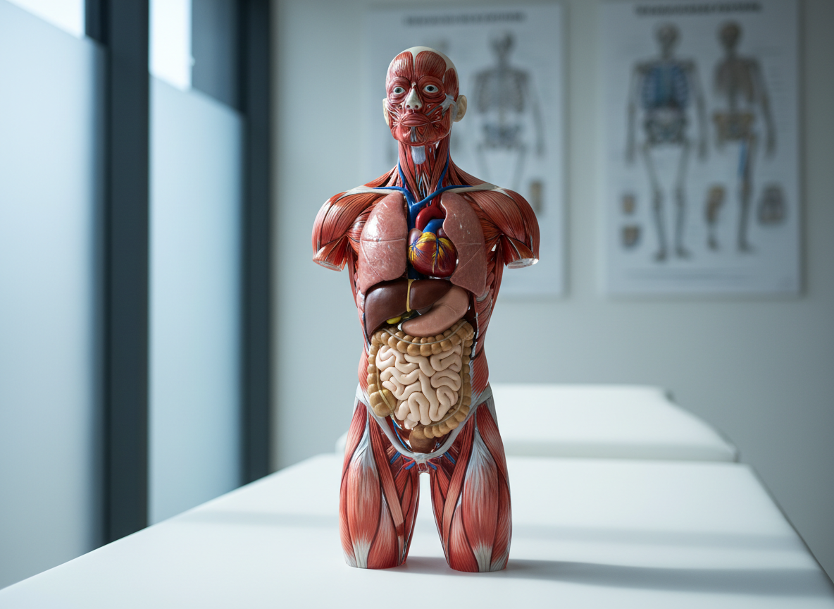 A highly detailed, anatomically accurate transparent human torso model made of clear resin, revealing muscles, bones, and major organs in vivid, realistic colors. It stands upright on a clean white examination table in a modern clinical assessment room. Behind it, there is a softly blurred wall with skeletal charts and joint diagrams, all without visible text. Cool, diffused daylight from a large frosted window illuminates the scene, creating crisp reflections on the smooth surfaces and subtle shadows beneath the model. Photographic realism, eye-level composition, moderate depth of field focusing sharply on the torso, with a calm, professional, evidence-based atmosphere suitable for a health and anatomy education blog.
