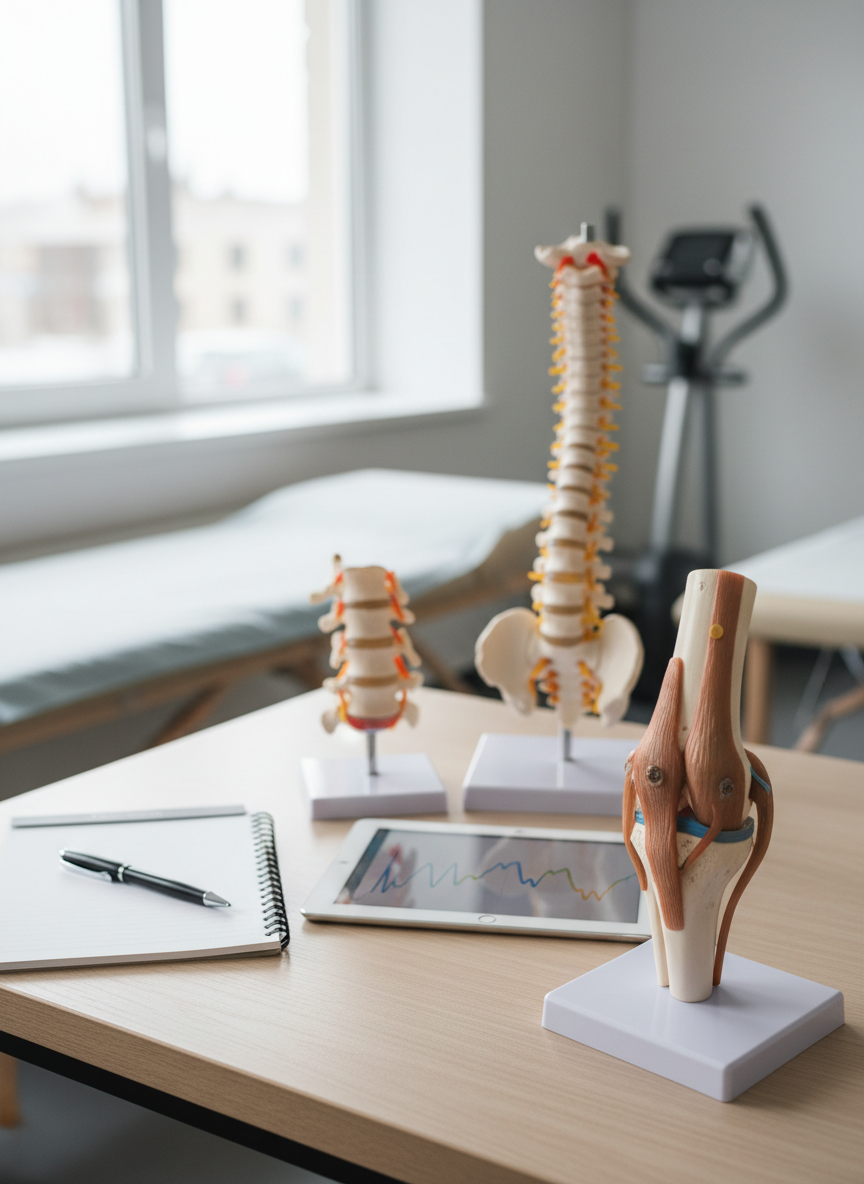 A set of articulated anatomical limb models, including a detailed knee, shoulder, and spine segment, carefully arranged on a light wood desk in a bright rehabilitation clinic. Each model shows ligaments, tendons, and joint surfaces with precise, natural coloration and texture. Beside them lies an open blank notebook and a digital tablet displaying an abstract, text-free motion graph. Soft overcast daylight filters through a nearby window, creating even, clinical lighting with minimal shadow. Photographic realism, shot from a slightly elevated angle using the rule of thirds, with a gentle bokeh effect on the distant treatment beds. The mood is methodical, scientific, and focused on movement evaluation and clinical reasoning.